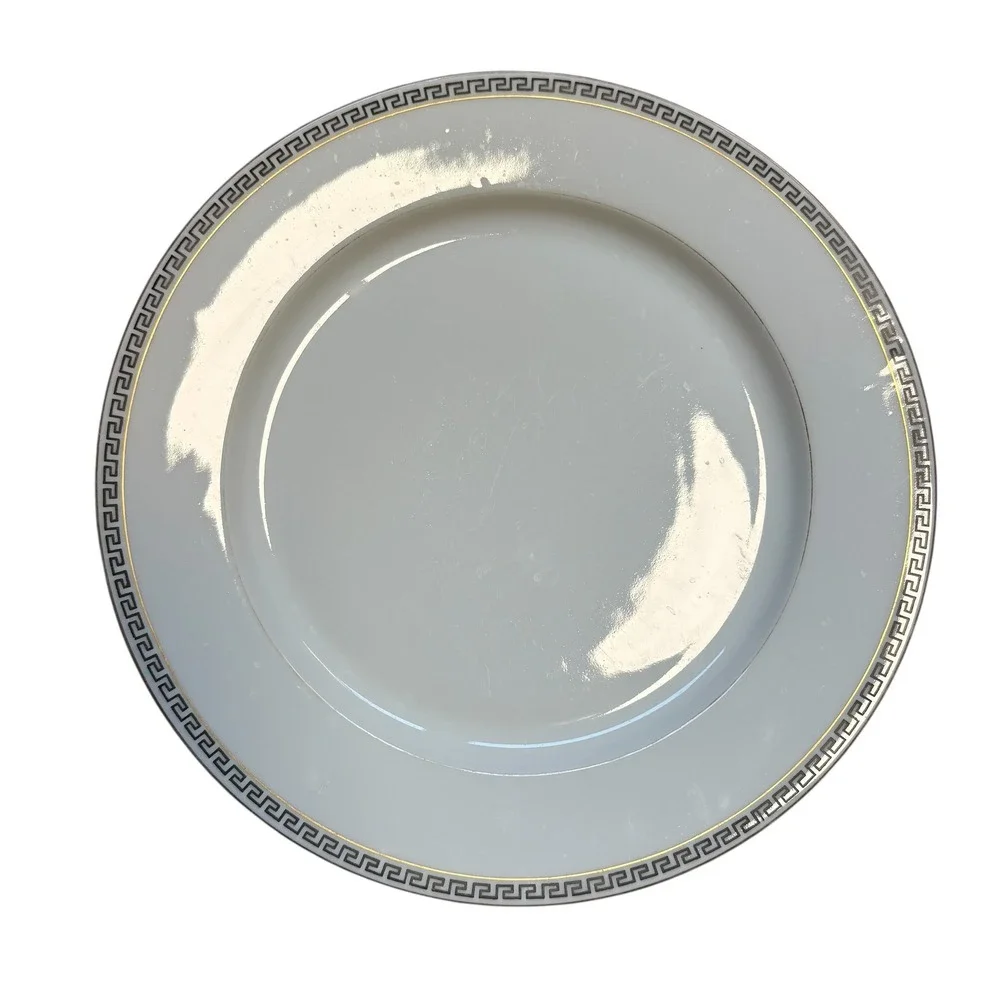 T&V Limoges France VINTAGE 10 Greek Key Dinner‎ Plates White Gold Black 10